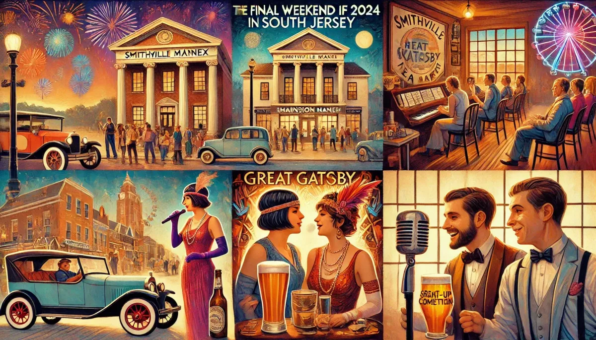 A vibrant collage-style image showcasing various activities in South Jersey for the final weekend of 2024, including an art gallery exhibit at Smithville Mansion Annex, a live music performance at a local venue, people enjoying karaoke in a brewery, a 1920s-themed Great Gatsby tea party with elegant attire, and a cozy restaurant featuring a stand-up comedian on stage. The image highlights warm, festive lighting and a celebratory community atmosphere.