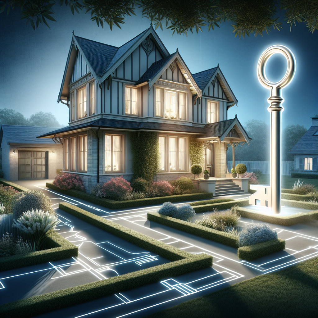Elegant two-story Tudor-style home illuminated at dusk, surrounded by lush, manicured landscaping with a glowing oversized key symbolizing property ownership and unlocking possibilities in real estate.