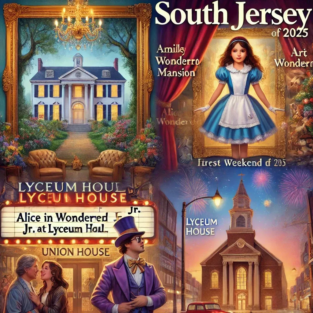 A vibrant cover image showcasing unique experiences in Burlington and Camden counties for the first weekend of 2025. The image features scenes of an art exhibit at Smithville Mansion, a family-friendly theater audition for Alice in Wonderland Jr. at Lyceum Hall, a cozy pub with live music at The Union House, and the historic Cathedral of the Immaculate Conception in Camden for a religious event. The festive lighting and welcoming atmosphere capture the spirit of community and celebration.