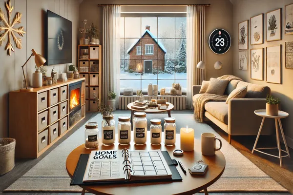 Cozy modern living room in January with snow visible through the window, featuring a crackling fireplace, labeled storage jars on shelves, a smart thermostat on the wall, and a coffee table book titled 'Home Goals 2025.' A planner and pen sit on a side table, symbolizing fresh resolutions and homeownership goals for the new year.