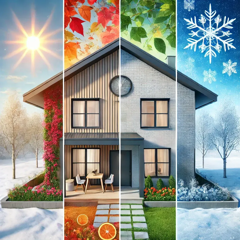 Modern house with a well-maintained yard showing four distinct seasons—spring flowers, summer sunshine, autumn leaves, and a snowy winter background—symbolizing seasonal home selling strategies.