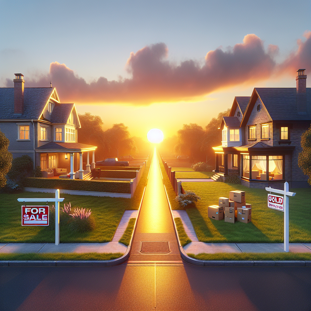 "Sunset view of a suburban neighborhood with two homes on either side of a road; one house has a 'For Sale' sign, while the other has a 'Sold' sign with moving boxes on the lawn, symbolizing the transition between selling and moving."