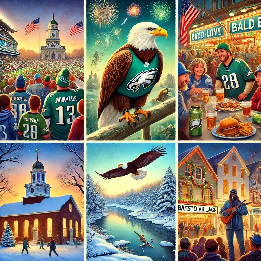 A vibrant collage-style illustration highlighting five events in South Jersey for January 24–26, 2025. The image includes a lively football tailgate scene with fans in Eagles gear near Lincoln Financial Field, bird-watchers spotting bald eagles at a festival, a small-town theater showcasing a one-act play, an energetic indie music concert with colorful lights at a rustic venue, and a serene winter hike through Batsto Village with snow-dusted trails and historic buildings. Each scene captures the excitement and diversity of these weekend events.