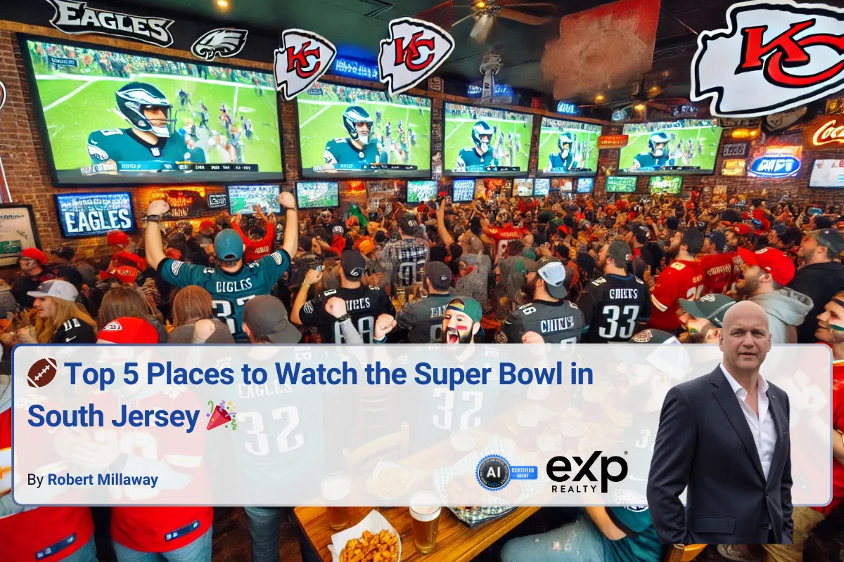 Here is your updated image featuring a sports bar in South Jersey packed with **Philadelphia Eagles** fans, with some **Kansas City Chiefs** supporters also present. The atmosphere is energetic, filled with team jerseys, cheering, and Super Bowl decorations. ### **Alt Text:** A sports bar in South Jersey filled with passionate Philadelphia Eagles fans wearing jerseys, hats, and face paint, with a few Kansas City Chiefs supporters present. Large screens display the Super Bowl, and the crowd is cheering, enjoying food and drinks in an electric game-day atmosphere. Let me know if you need any further tweaks! 🏈🦅🔥