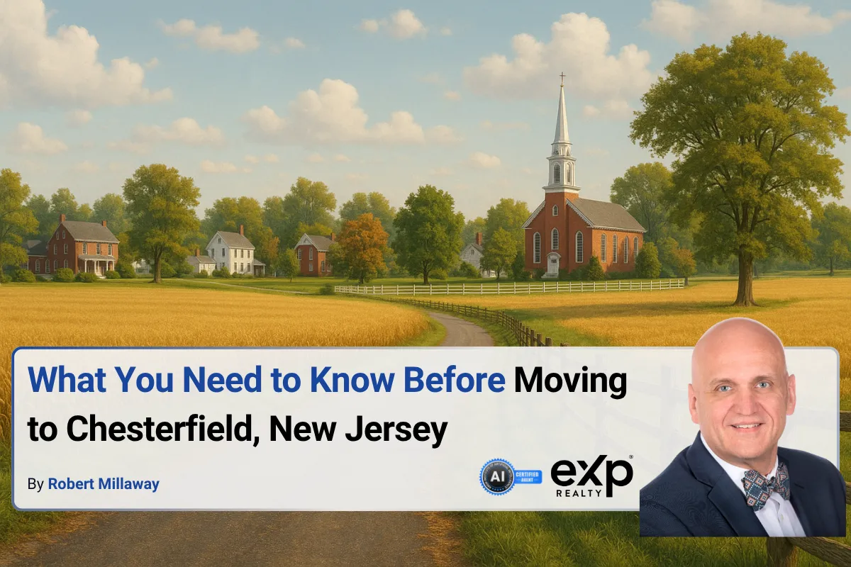 A scenic rural landscape with golden fields, historic homes, and a classic white church steeple.
