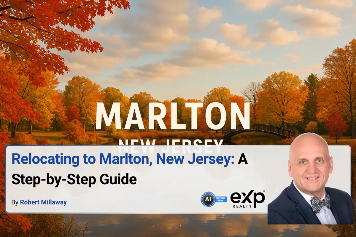 A serene autumn landscape in Marlton, NJ, with a curved footbridge over water and vibrant fall foliage.