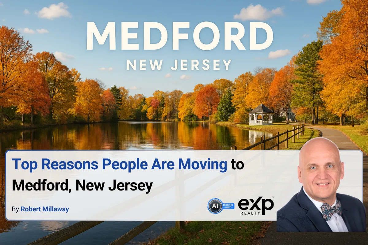 A lakeside walking path surrounded by vibrant fall foliage in Medford.