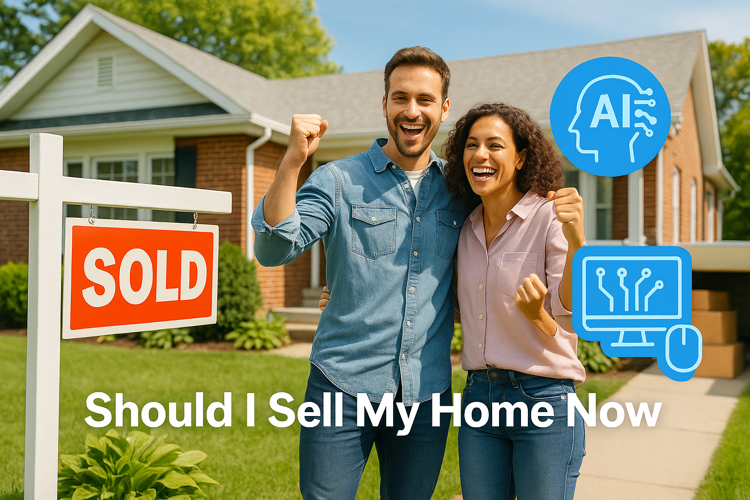 Happy sellers celebrate outside South Jersey home with Sold sign and AI technology icons highlighting smart real estate tools