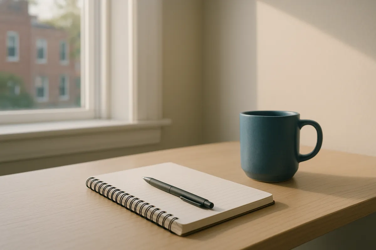 Minimal desk with notebook and blue mug in soft morning light.