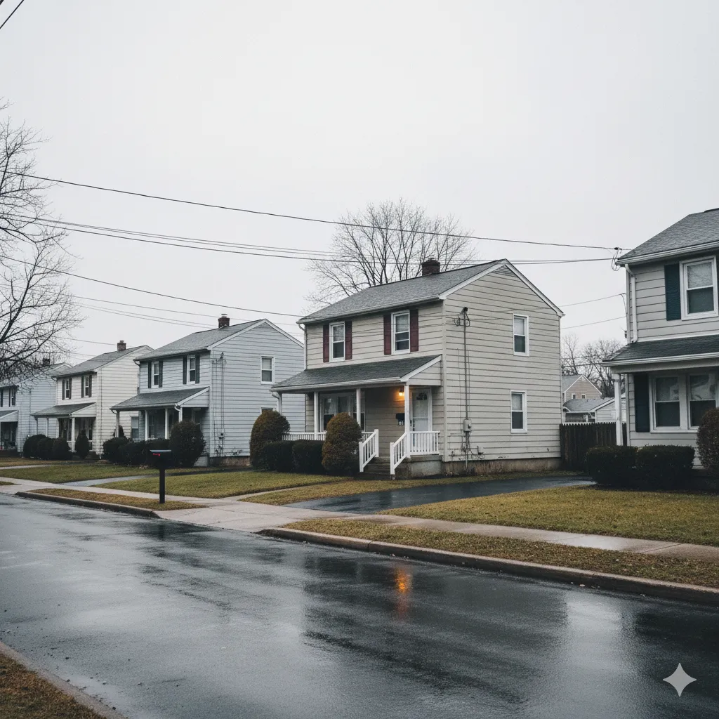 Overcast South Jersey neighborhood street with modest homes, wet pavement, and a Millaway Blue mailbox.
