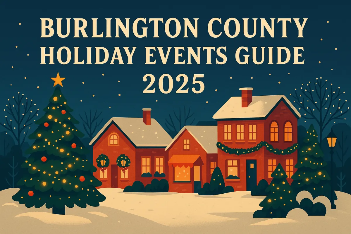 A festive winter illustration featuring snow-covered Burlington County homes decorated with wreaths, garland, and glowing holiday lights, with a large Christmas tree in the foreground and “Burlington County Holiday Events Guide 2025” displayed across the top.