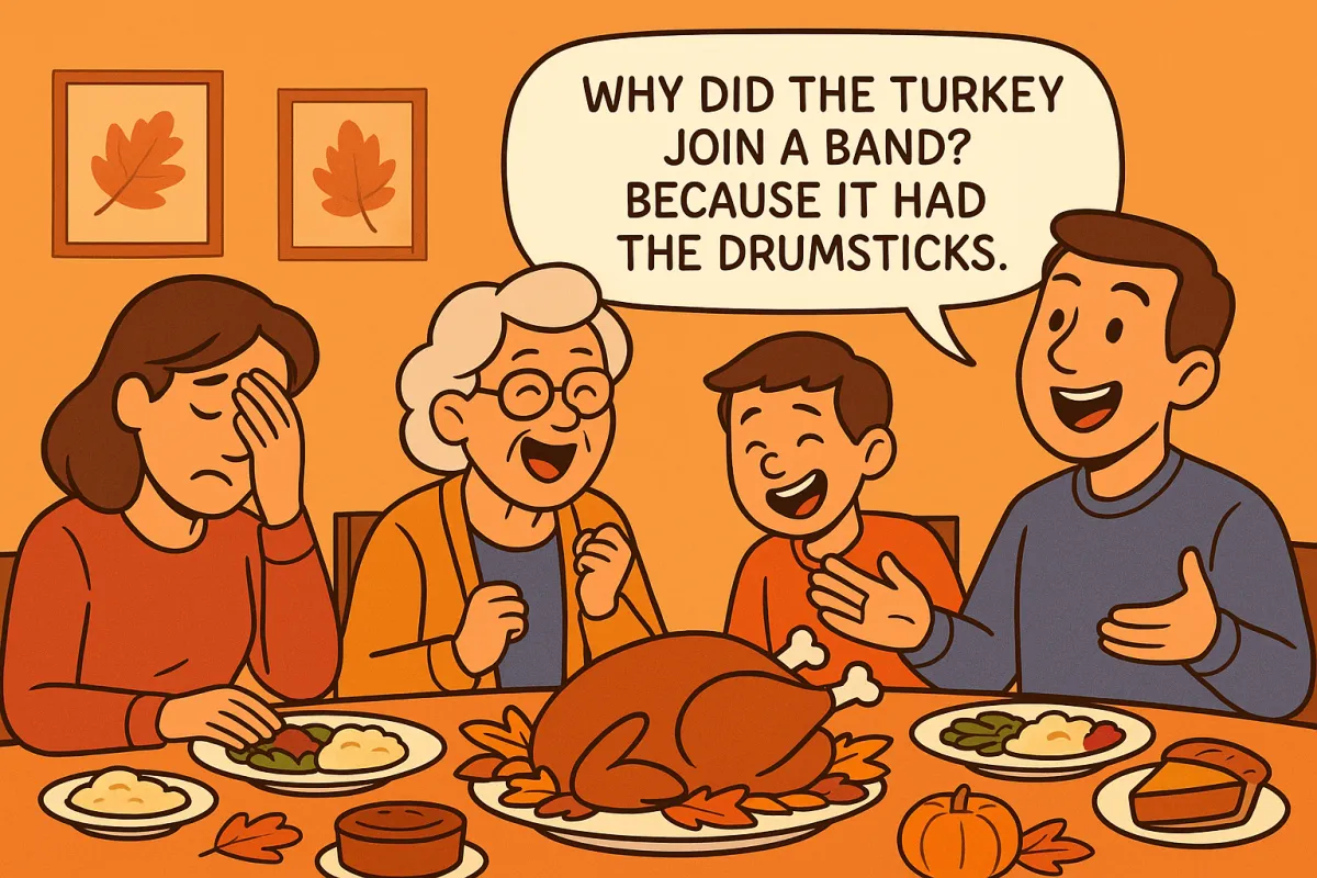 Cartoon family laughing at a Thanksgiving dad joke during dinner.