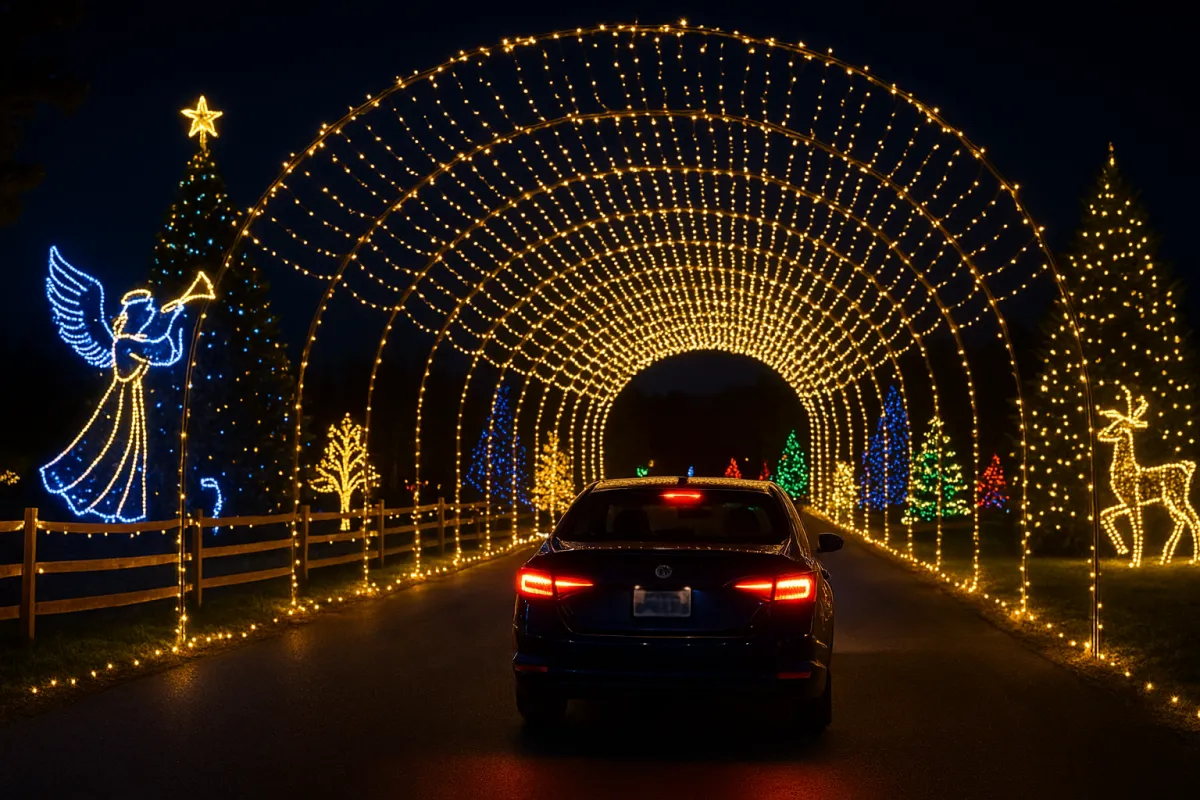 A bright, modern, realistic South Jersey drive-through Christmas light tunnel at night, golden lights arching over a car, subtle brand blues, festive glow, sharp detail.