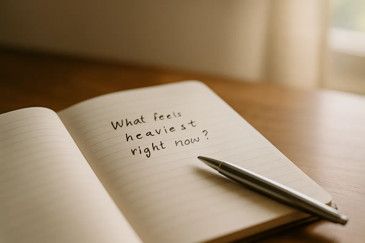 A notebook open on a wooden table with the handwritten question “What feels heaviest right now?” next to a pen, symbolizing clarity during stressful transitions.
