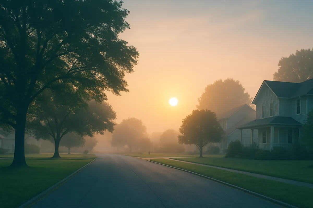 A peaceful South Jersey suburban street at sunrise, with soft fog lifting as warm golden light shines through the trees and over the rooftops. A quiet curved road runs between well-kept lawns and traditional homes, creating a calm, hopeful atmosphere.