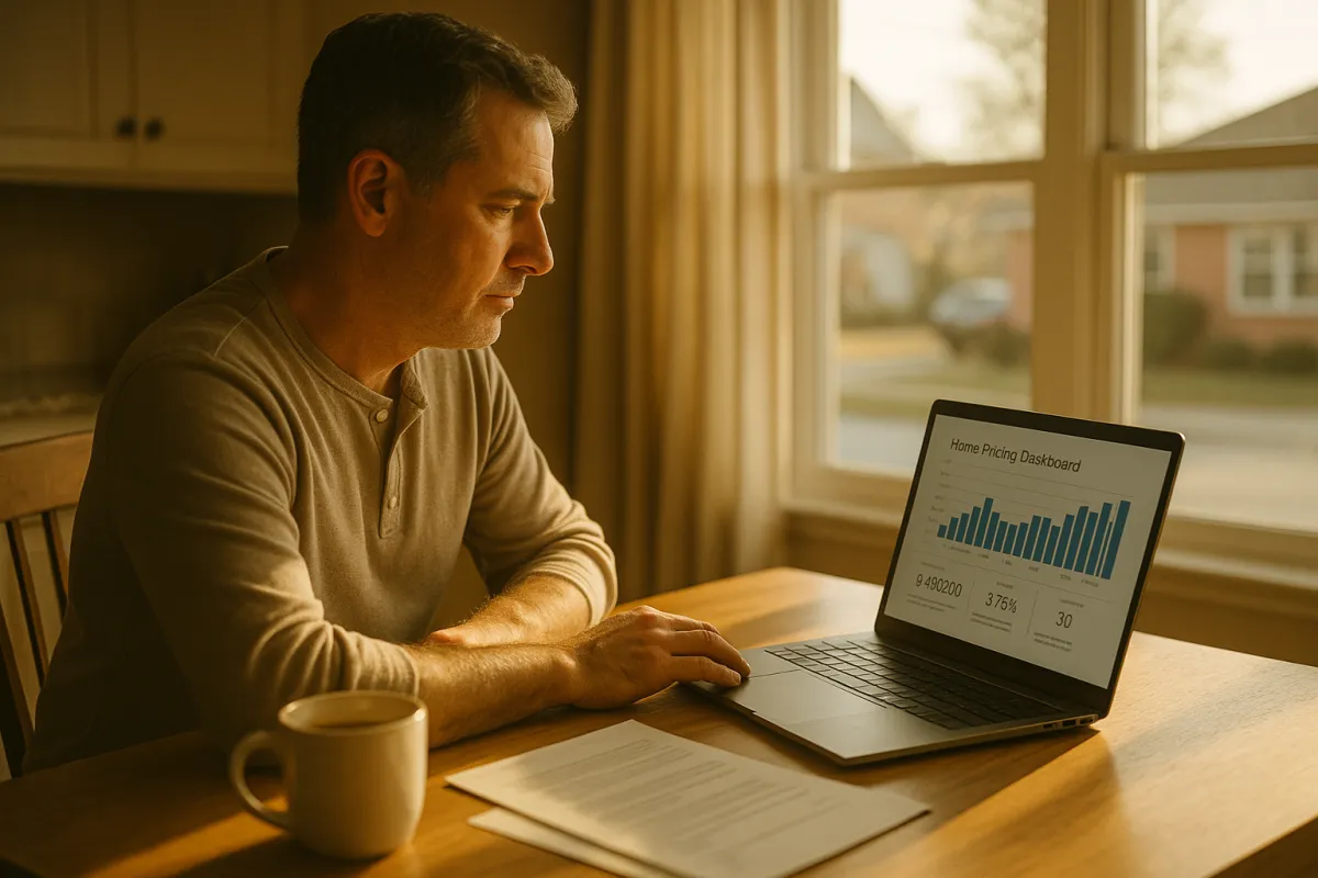 A South Jersey homeowner sitting at a kitchen table reviewing an AI-powered home pricing dashboard on a laptop, with warm morning light, paperwork, a coffee mug, and a suburban Burlington County street visible through the window.