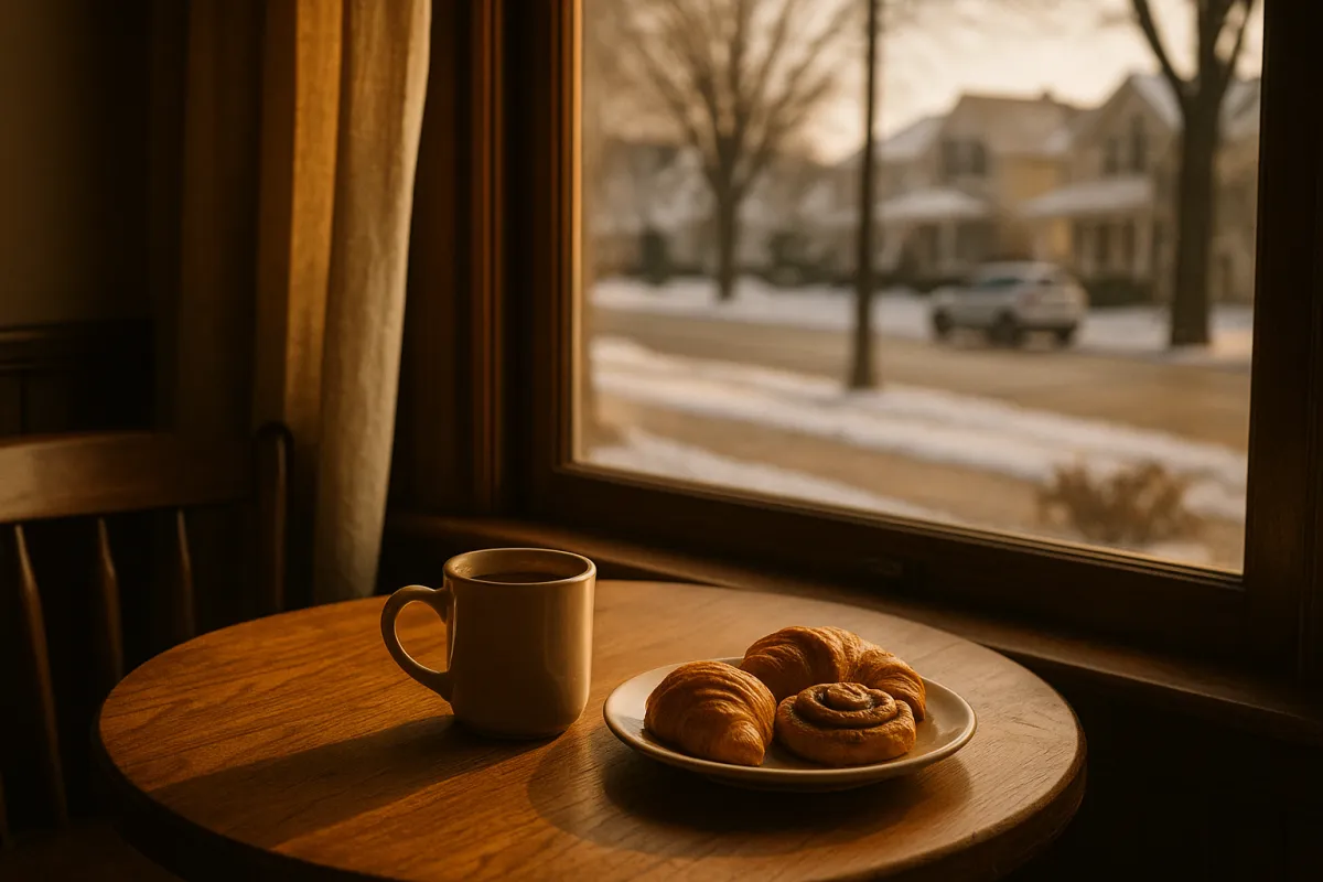 Cozy winter café scene in South Jersey viewed from a table with coffee and pastries, bathed in gentle morning light and overlooking a calm suburban street, illustrating why Burlington County is known for relaxed, community-oriented living.