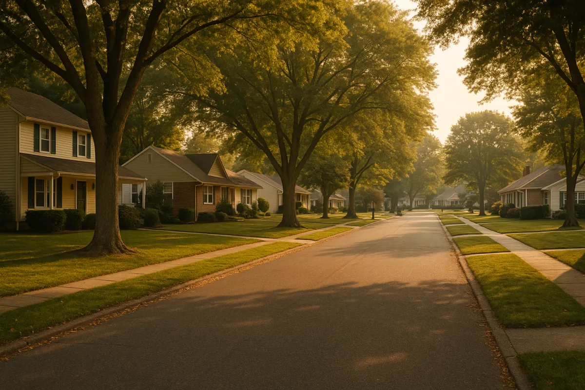 A peaceful suburban street in Delran, New Jersey, lined with mature trees and well-kept homes in soft morning light, capturing the calm, community-centered lifestyle that Burlington County is known for.