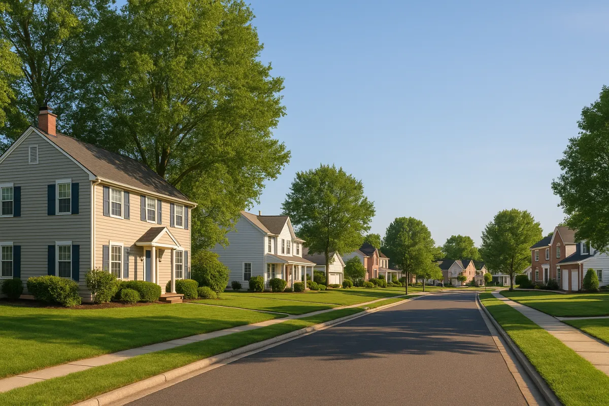 Wide morning view of a Mount Laurel, NJ subdivision with mature trees, sidewalks, and several well-kept homes under a clear blue sky, showing a friendly and established South Jersey neighborhood.