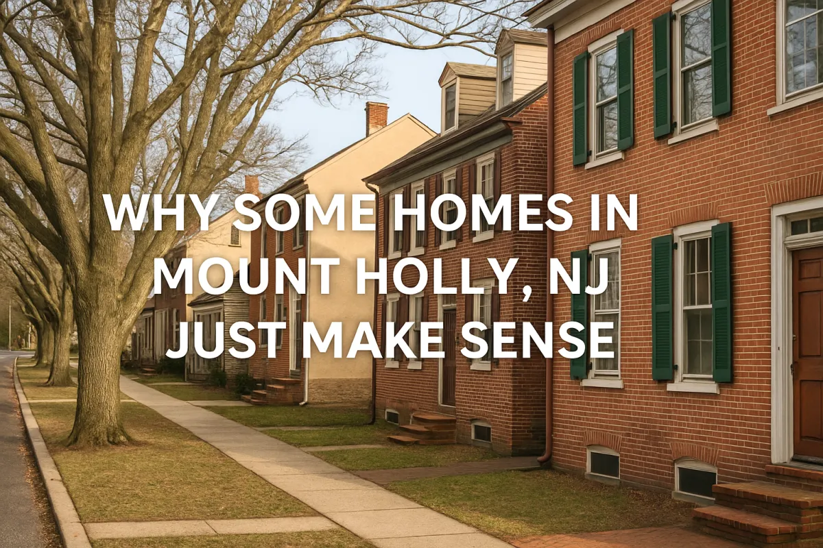 Historic brick townhomes lining a quiet residential street in Mount Holly, New Jersey, representing practical and affordable homes for everyday living in Burlington County