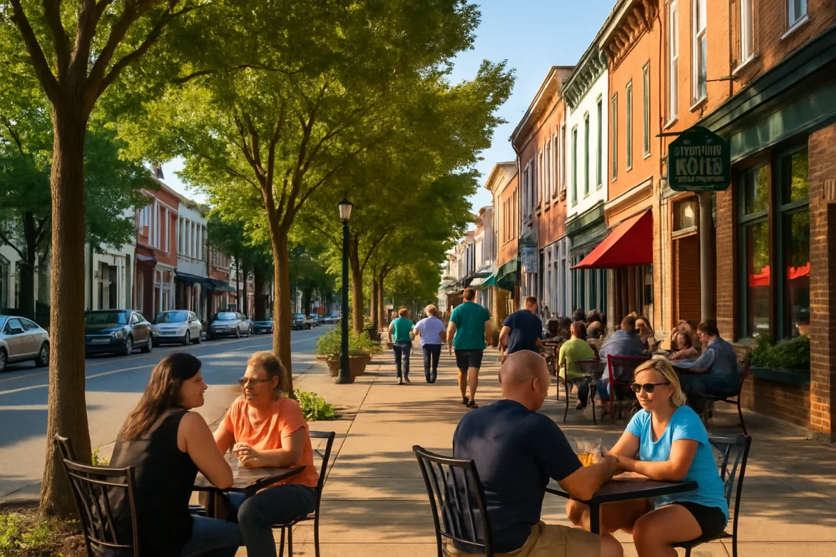 Residents and visitors enjoying outdoor dining and community life in downtown Mount Holly, NJ on a sunny day.