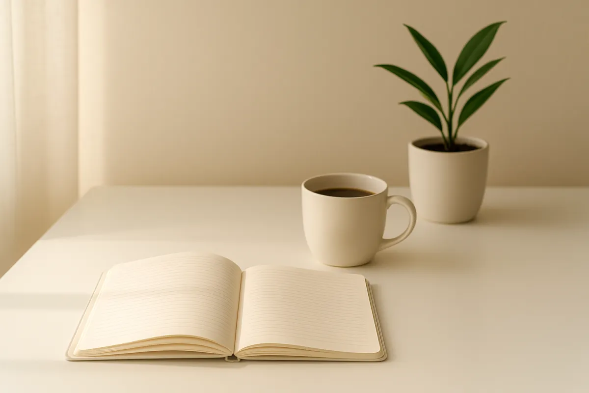 Minimalist sunlit workspace with a notebook, coffee cup, and house plant—evokes clarity and calm decision-making.