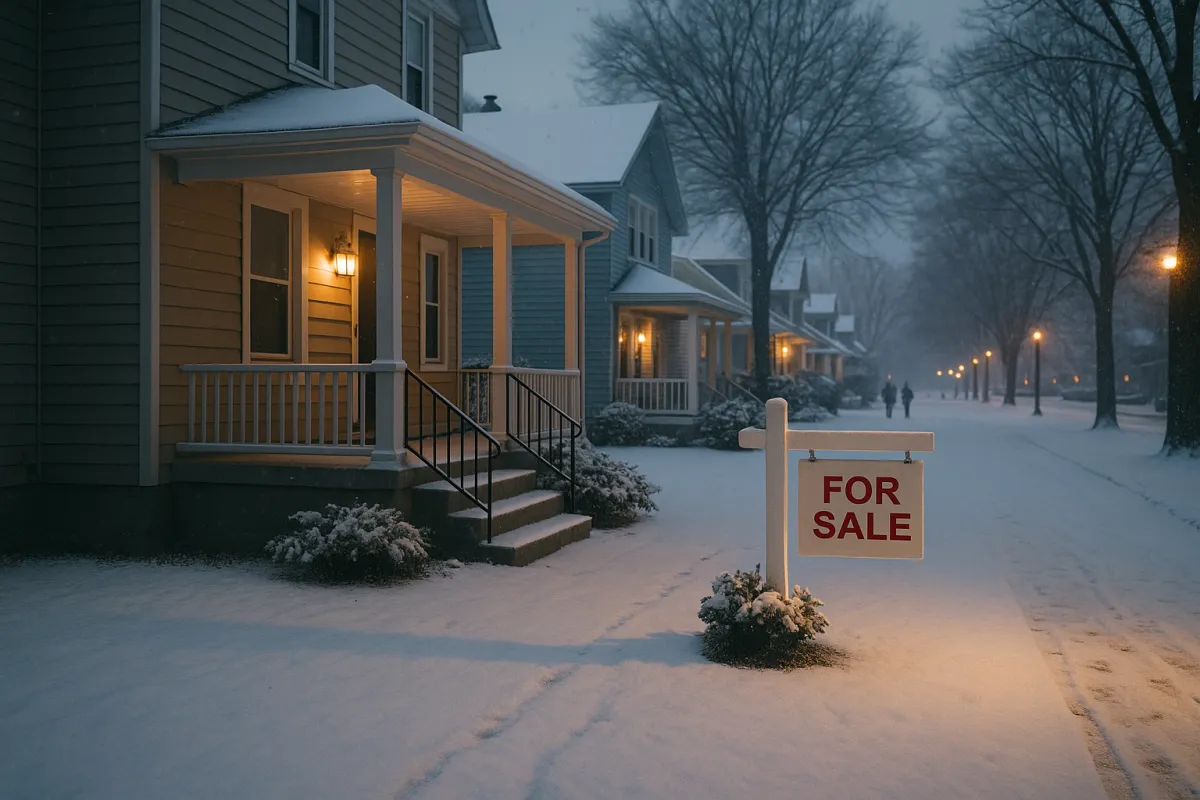 South Jersey neighborhood in winter with for-sale sign and porch lights, symbolizing a steady real estate market during colder months.