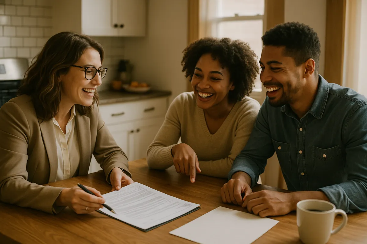 eal estate agent and clients reviewing paperwork, demonstrating the value of questions in real estate.