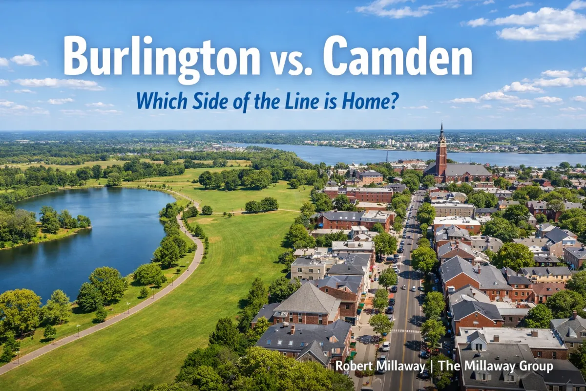 Wide aerial view of South Jersey showing a lush green park and open landscape on the Burlington County side transitioning into a dense, historic, tree-lined town center on the Camden County side, highlighting the contrast between suburban open space and walkable urban streets under bright daylight.