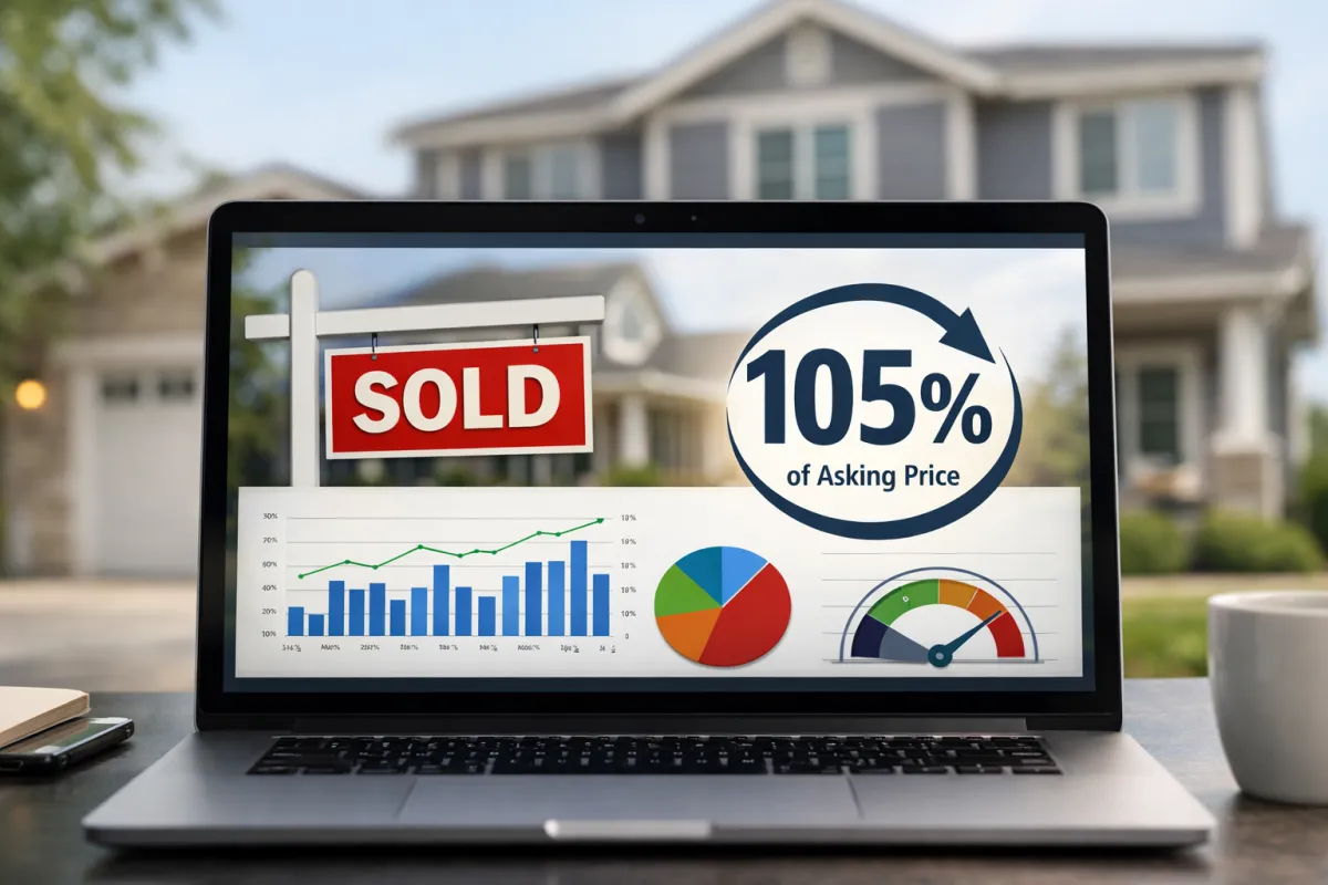 Professional laptop displaying a real estate pricing dashboard with a “Sold” sign and 105% of asking price graphic, set in front of a modern South Jersey suburban home in soft-focus background.