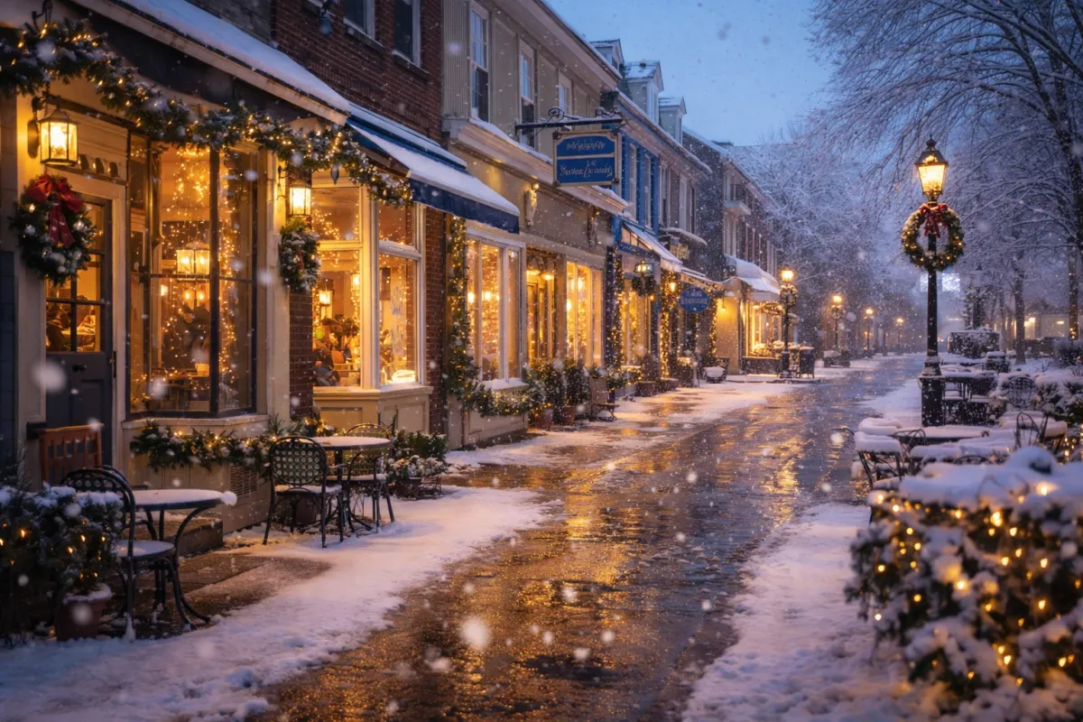 Snow-covered main street in a charming South Jersey town with glowing storefronts, festive holiday lights, cozy cafés, and warm reflections on the sidewalk during a peaceful winter evening near Burlington and Camden County.