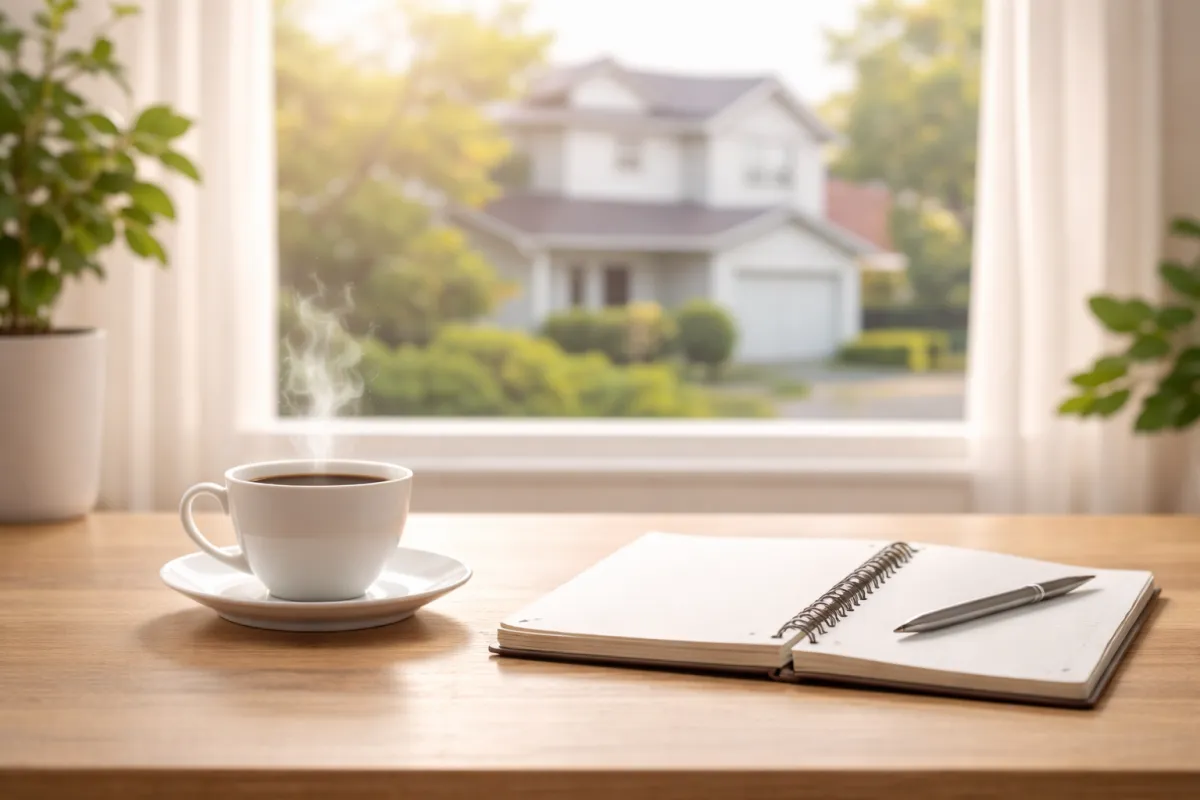 Serene minimalist home office scene with a wooden desk, steaming coffee cup, and structured notebook, overlooking a calm South Jersey suburban neighborhood in warm morning light, conveying clarity and professionalism.