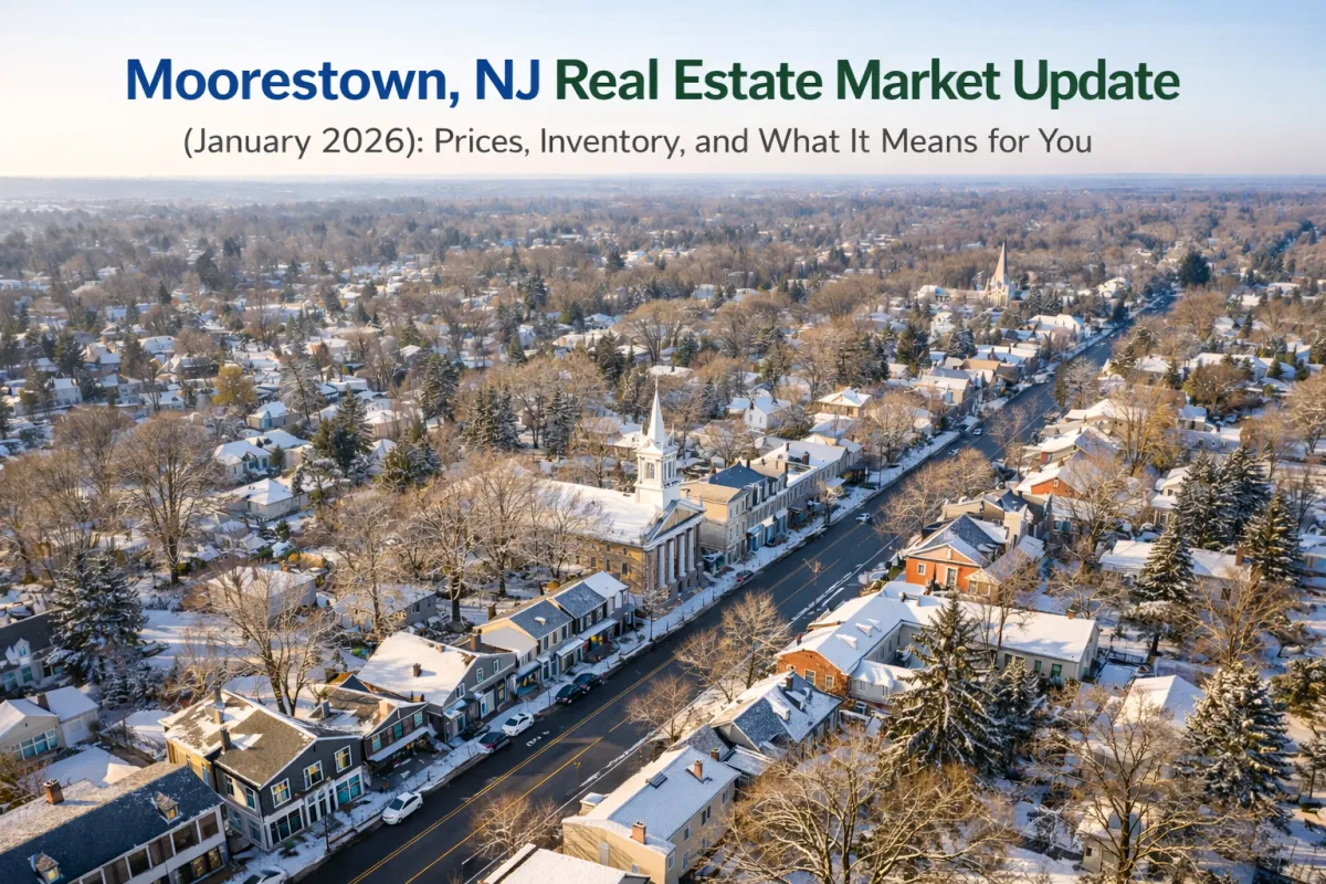 Aerial winter morning view of Moorestown, NJ Main Street and surrounding tree-lined neighborhoods with headline text for a January 2026 real estate market update on prices, inventory, and local market trends.