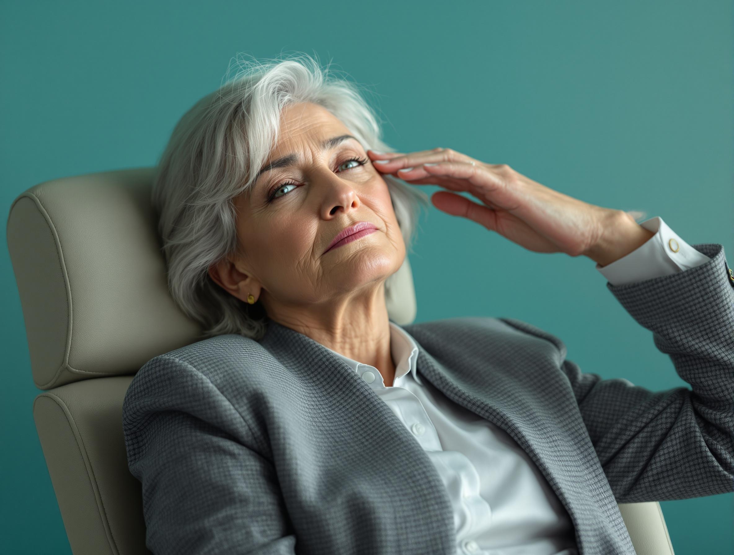 Overwhelmed professional woman in her 50s sitting at desk looking tired and contemplative, representing the nagging feeling that there must be more to life