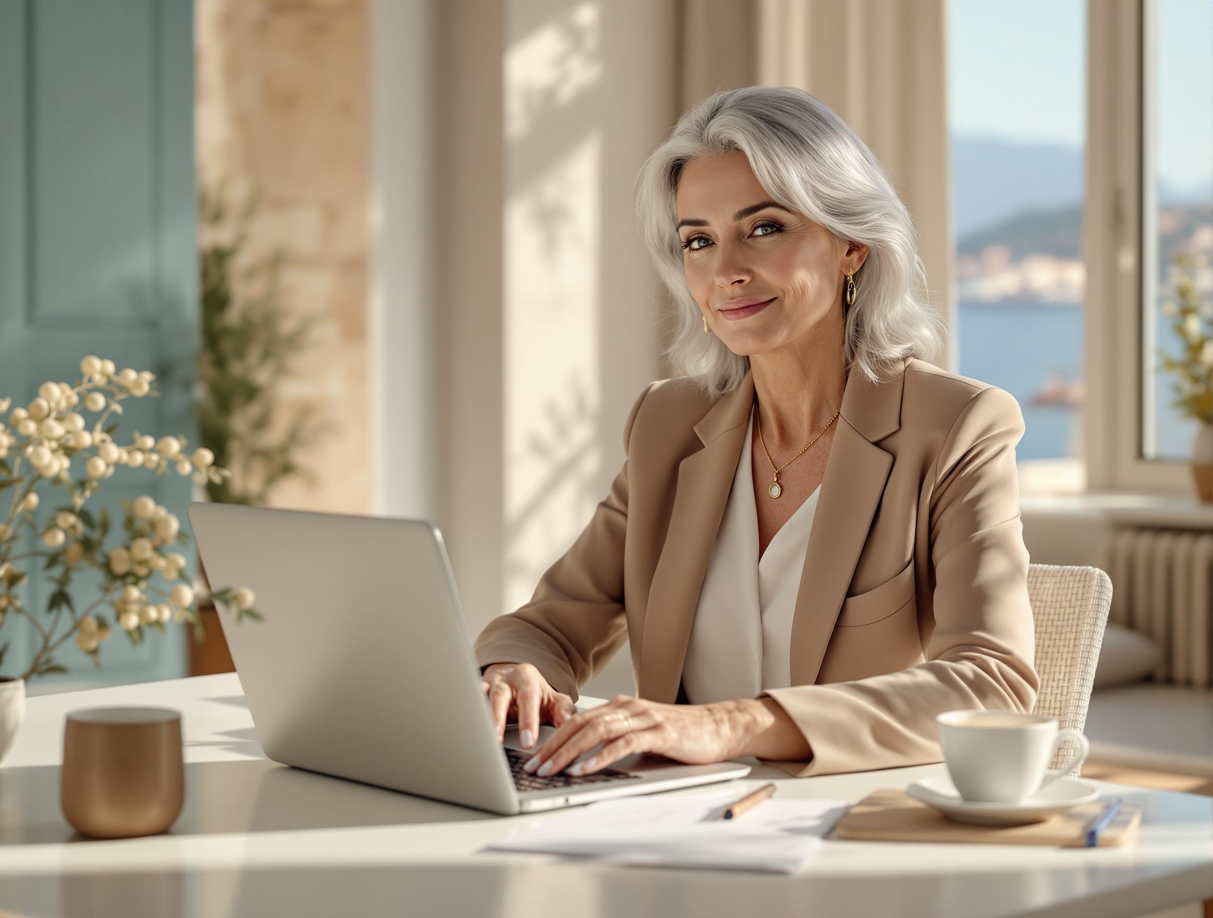 Relaxed professional woman over 50 working at computer desk reclaiming control of her life without overwhelm