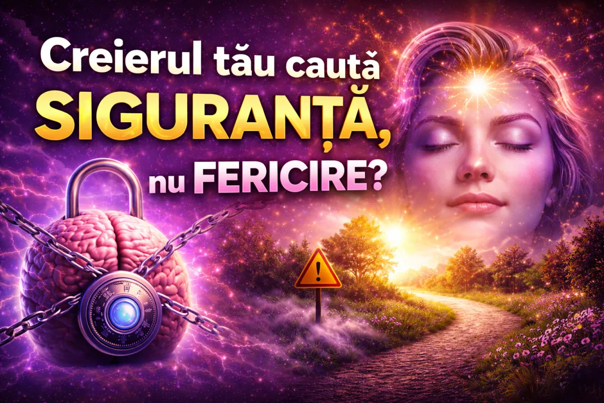 Ilustrație conceptuală în nuanțe de mov și auriu care prezintă un creier încuiat cu un lacăt, simbolizând nevoia de siguranță, alături de un chip feminin luminos și un drum scăldat în lumină, reprezentând fericirea și evoluția personală.