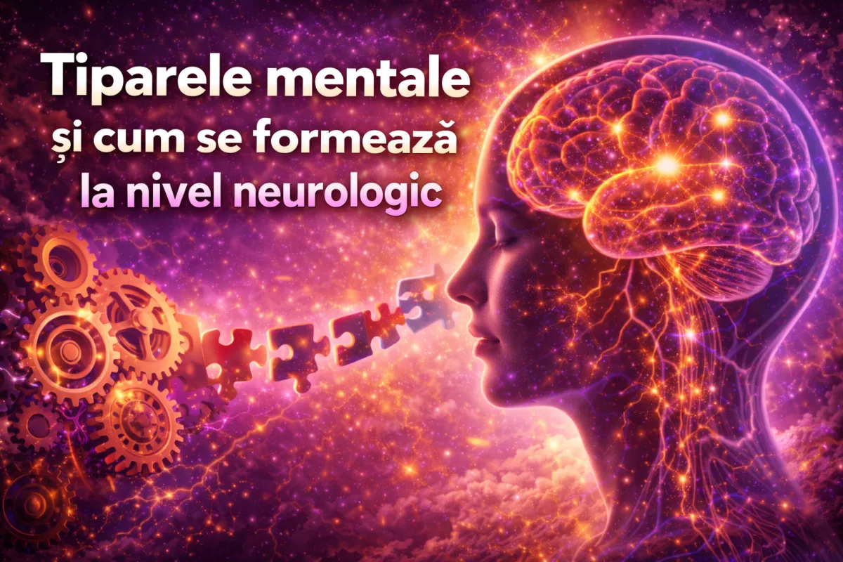 Ilustrație digitală în nuanțe de mov și auriu care prezintă profilul unei persoane cu creierul vizibil, iluminat de rețele neuronale strălucitoare, conectate simbolic cu rotițe și piese de puzzle, reprezentând formarea tiparelor mentale la nivel neurologic.