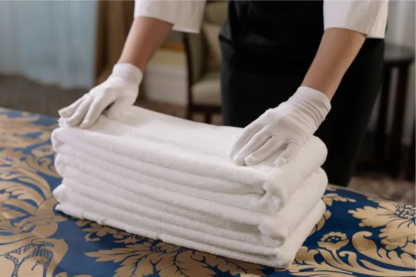 Cleaning supplies and folded towels — what to expect from a professional cleaning team