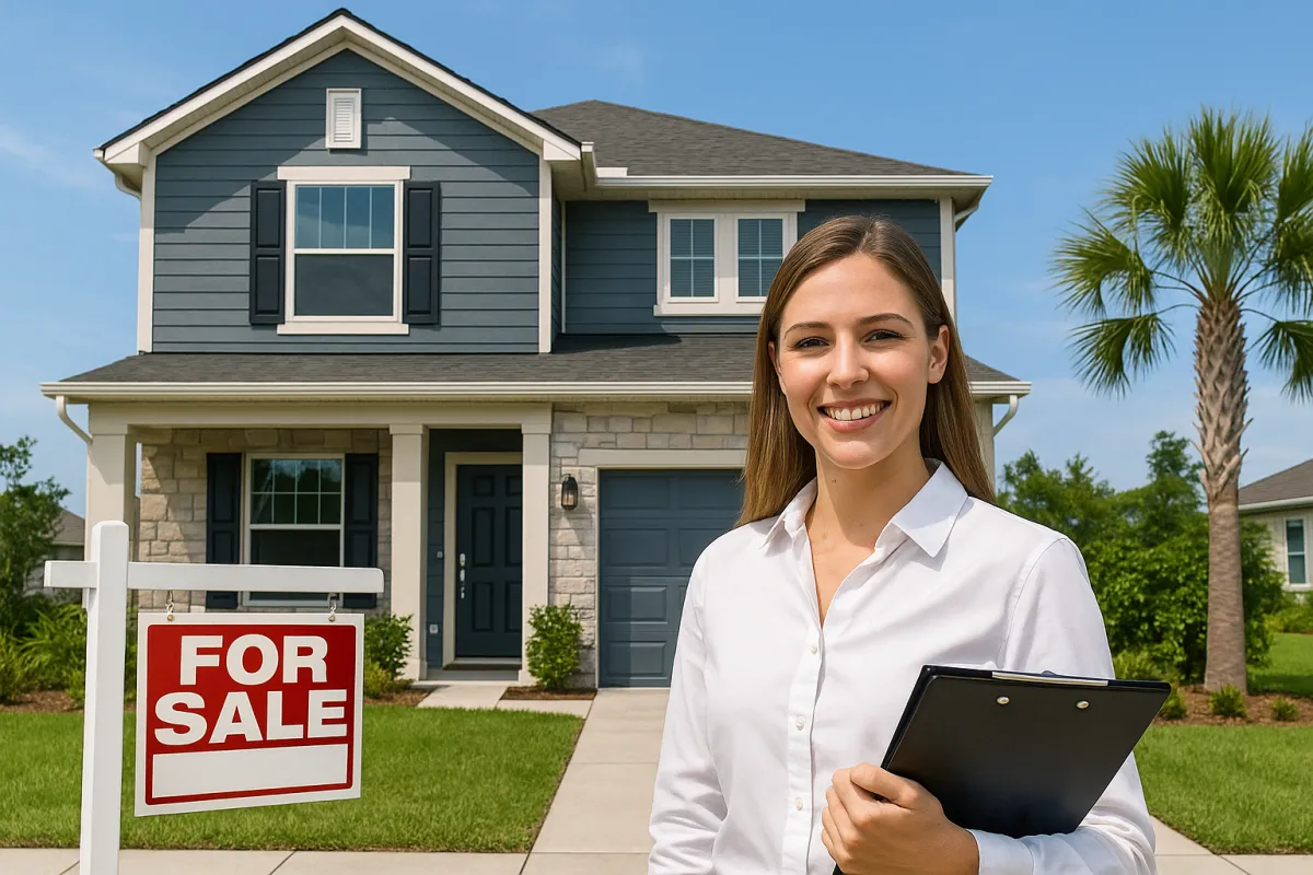 A smiling young woman holding a clipboard stands in front of a modern Florida home with palm trees and a visible “For Sale” sign, under a bright blue sky. Overlaid text reads: “Florida Real Estate License Requirements: What Every New Agent Should Know.