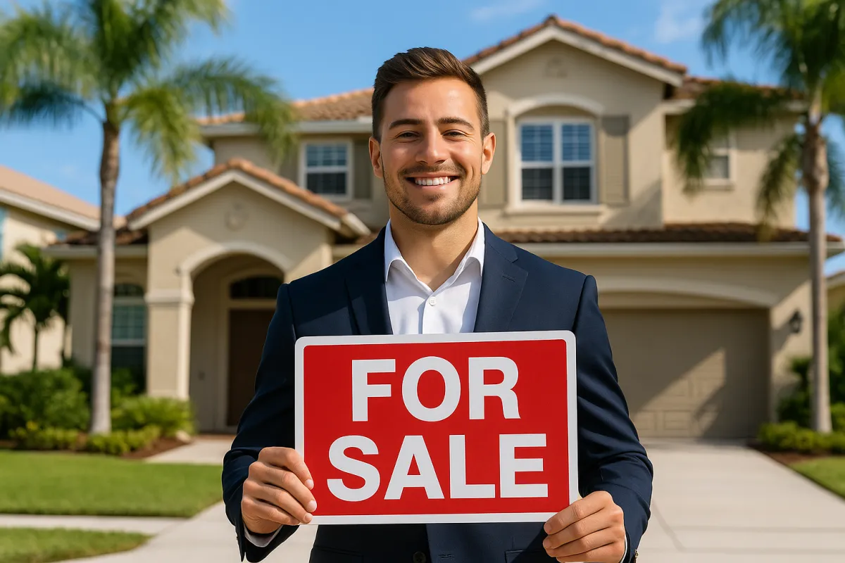 A young real estate agent in a navy suit smiling while holding a red "For Sale" sign in front of a modern Florida home with palm trees, representing real estate career success in a sunny suburban neighborhood.