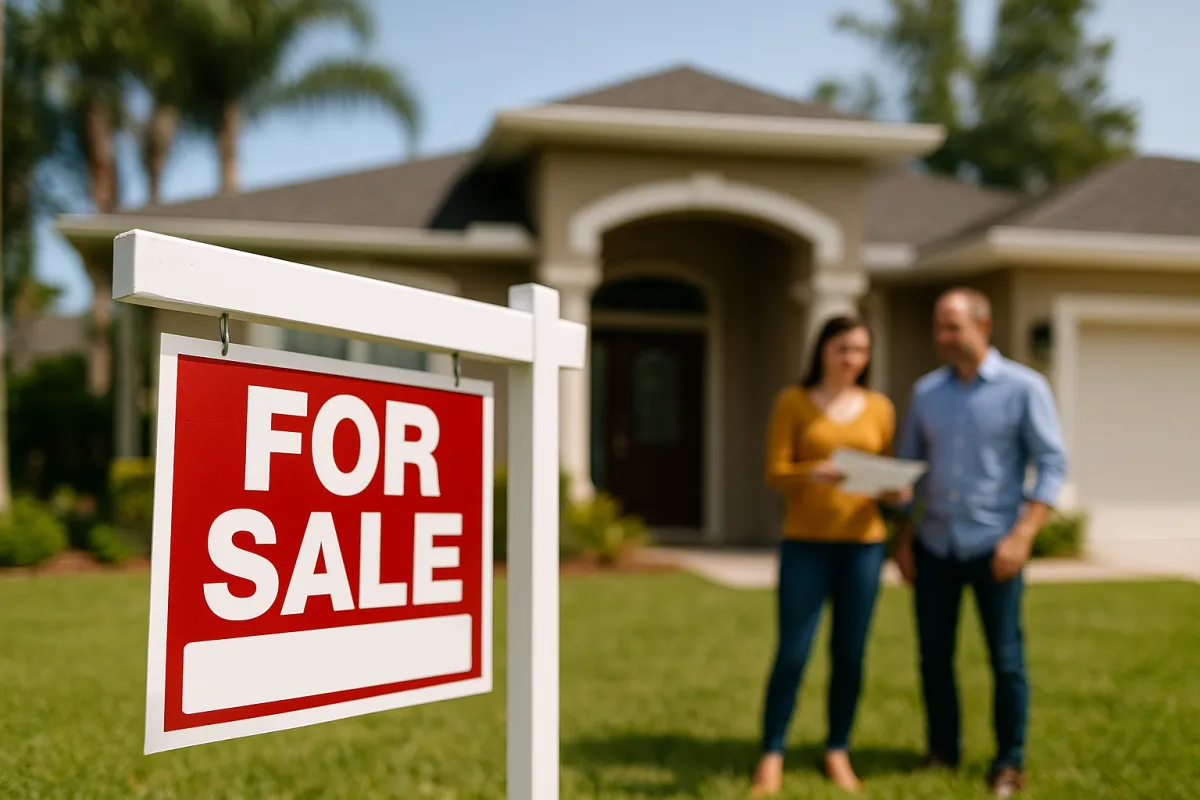 A single-story suburban Florida home with a well-kept front yard, palm trees, and a "For Sale" sign on the lawn, captured in natural daylight to represent the real estate selling process.