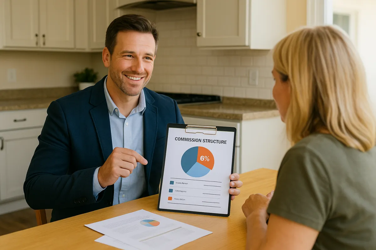 A real estate agent in a blue blazer explains a commission structure to a home seller at a kitchen table, holding a clipboard with a 6% pie chart. The scene is set in a bright, modern Florida kitchen with natural sunlight, conveying professionalism and trust.
