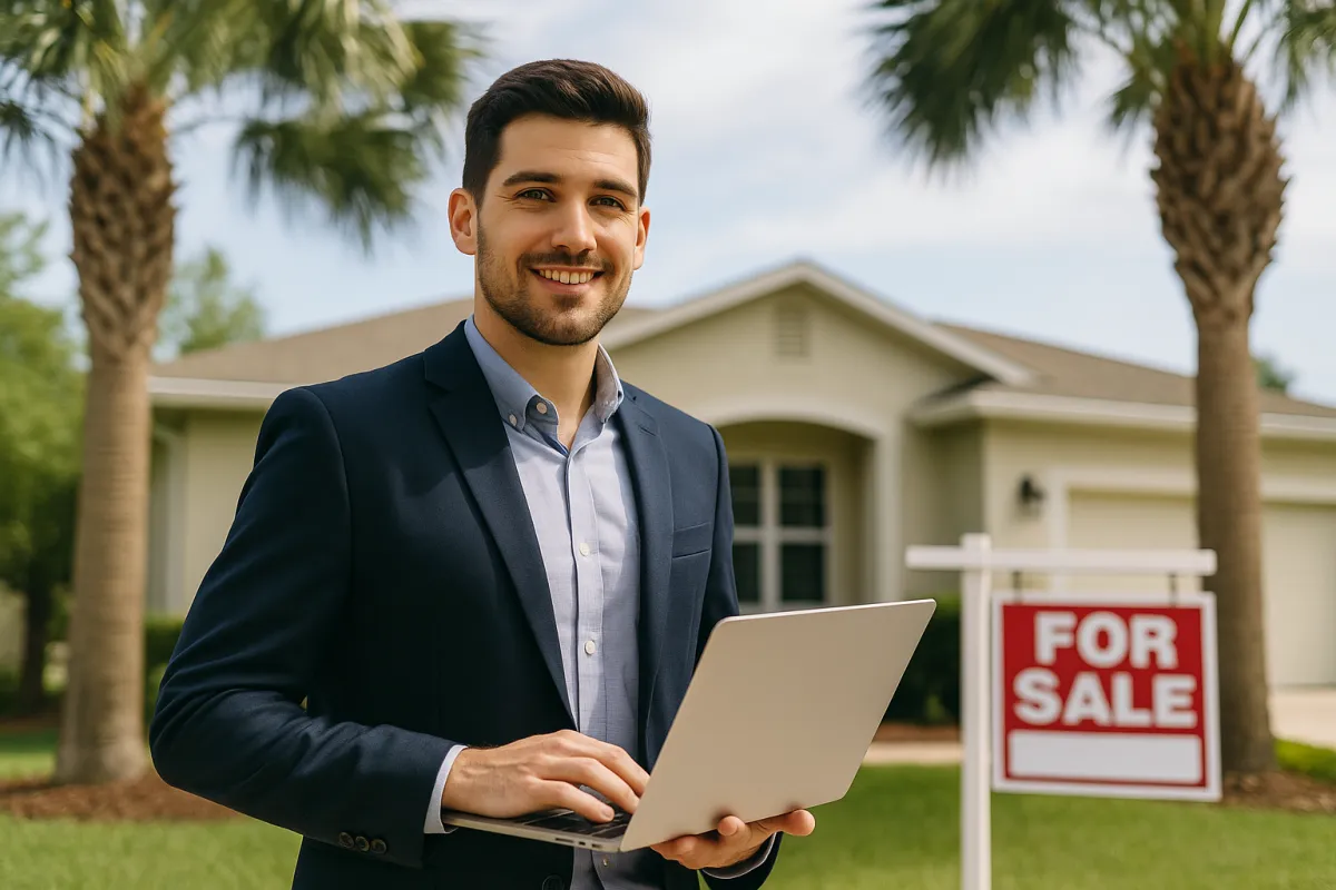 A young real estate professional in a navy blazer stands in front of a beige Florida home with palm trees and a red "For Sale" sign, holding a laptop and smiling confidently under a sunny sky.