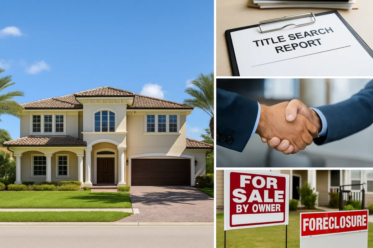 A collage of real estate-related scenes in Florida, including a luxury home, a title search report on a clipboard, a handshake between two individuals, and yard signs showing 'For Sale by Owner' and 'Foreclosure,' set in a bright, sunny environment.