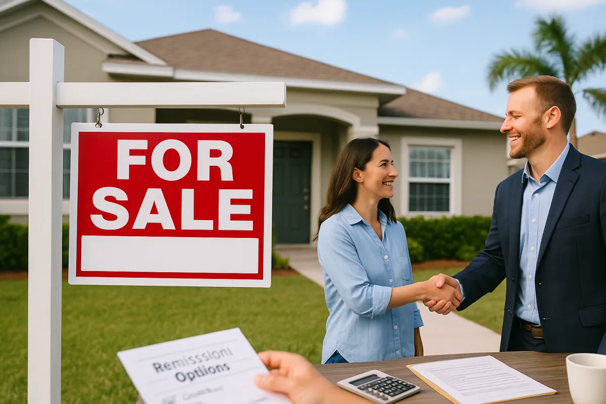 A Florida real estate agent and a smiling home seller shake hands in front of a single-story suburban home with a ‘For Sale’ sign on the lawn, surrounded by palm trees and a sunny sky. A table in the foreground holds real estate documents, a calculator, and a coffee mug.