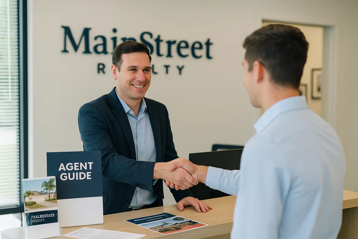 A real estate broker welcoming a new recruit with a handshake at the MainStreet Realty office front desk, with brochures and an agent guide displayed, bright and professional Florida office setting.