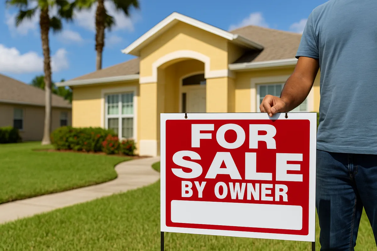 A Florida homeowner stands beside a red and white "For Sale By Owner" sign in front of a well-kept yellow stucco house with palm trees, green lawn, and a curved walkway under a sunny blue sky.