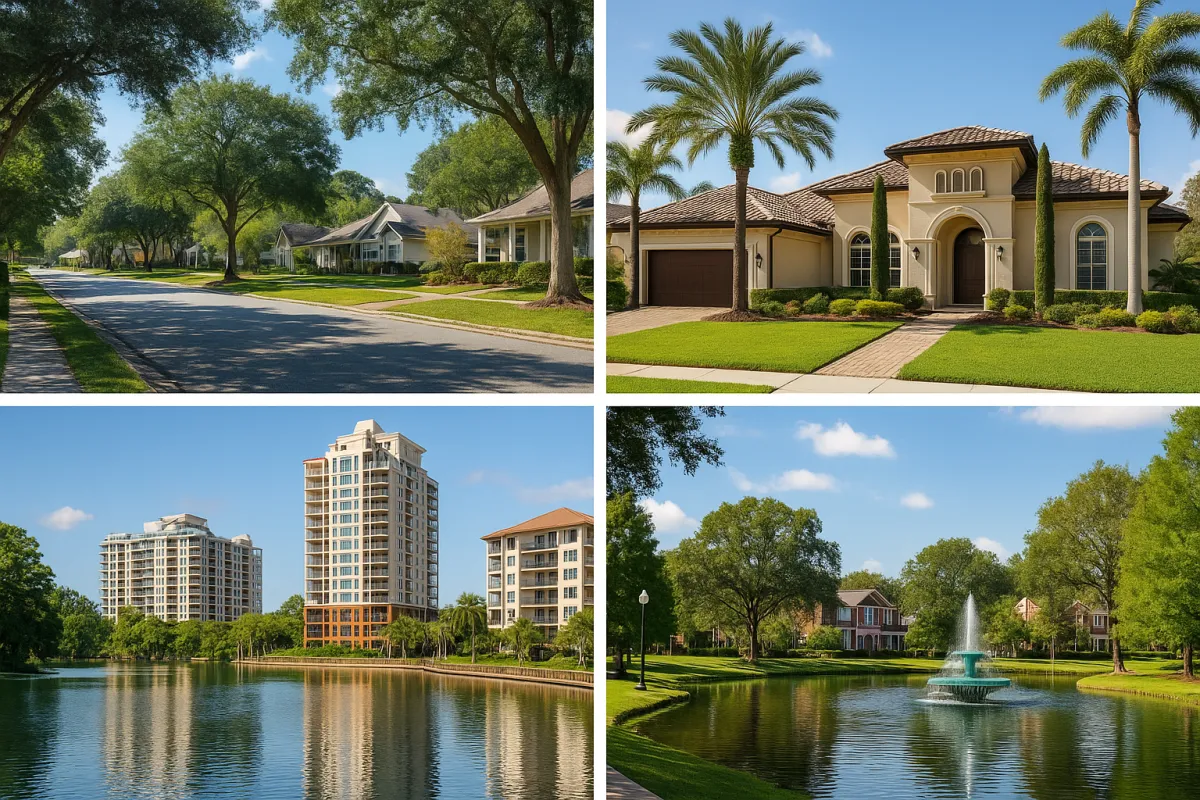 A high-resolution wide-angle photo of downtown Orlando with a skyline of modern high-rises in the background and suburban residential homes with palm trees in the foreground, captured on a sunny day, symbolizing growth and opportunity in Florida real estate.
