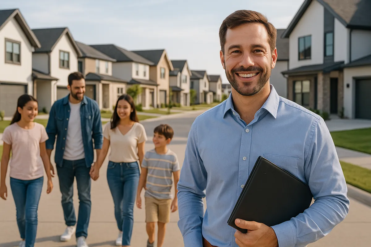 A smiling real estate agent holding a black portfolio stands in a suburban Orlando neighborhood with modern homes in the background, while a young family walks together behind him on a sunny day.