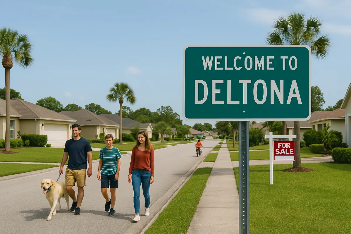 A quiet suburban street in Deltona, Florida featuring single-family homes with well-kept lawns, palm trees, and clear blue skies—capturing the peaceful neighborhood lifestyle of the area.